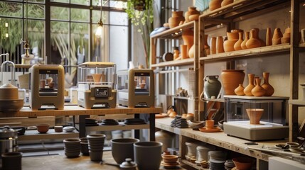 A high-tech pottery studio with 3D clay printers and digital sculpting tools