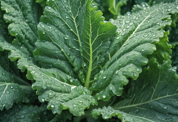 Fresh kale leaf with morning dew, vibrant green vegetable closeup