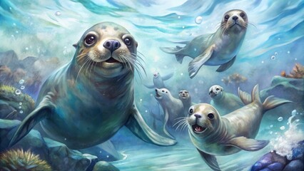 Fototapeta premium Playful sea lions swimming in the ocean,digital, illustration, watercolor