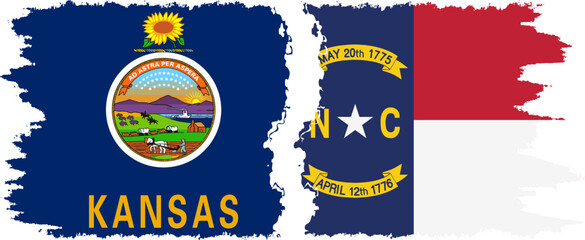 North Carolina and Kansas states grunge brush flags connection, vector