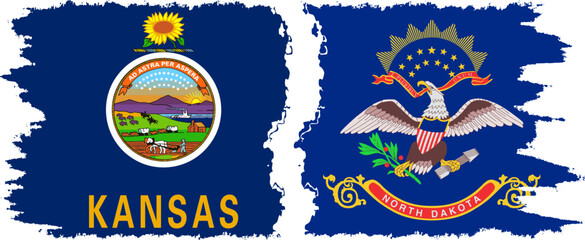 North Dakota and Kansas states grunge brush flags connection, vector