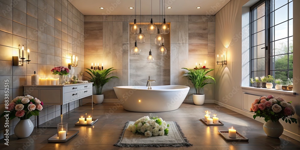 Sticker A luxurious bathroom with lit candles and fresh flowers on the floor, bathroom, candles, flowers, spa, relaxation