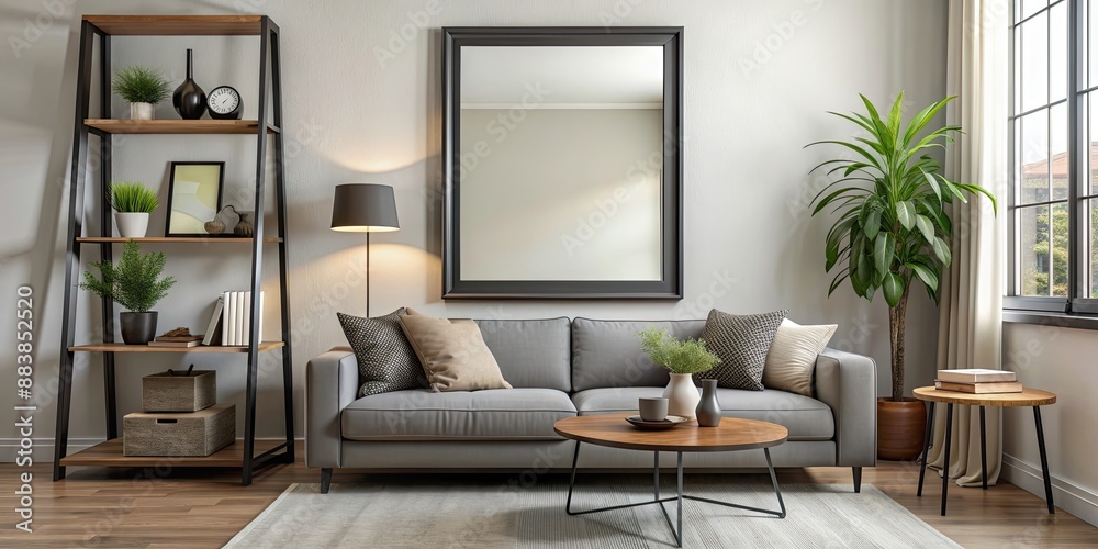 Wall mural a cozy living room with a modern black frame mirror, interior, room, cozy, living room, modern, blac