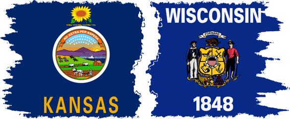 Wisconsin and Kansas states grunge brush flags connection, vector