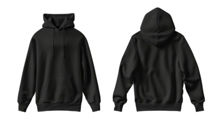 Black hoodie blank mockup template front and back view, transparent background.