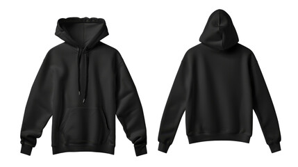 Black hoodie blank mockup template front and back view, transparent background.