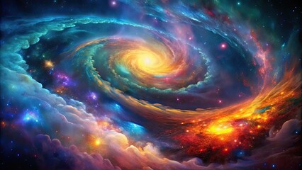 Obraz premium Abstract cosmic landscape with swirling nebula and galactic cluster in vibrant colors , cosmic, landscape, abstract, mesmerizing