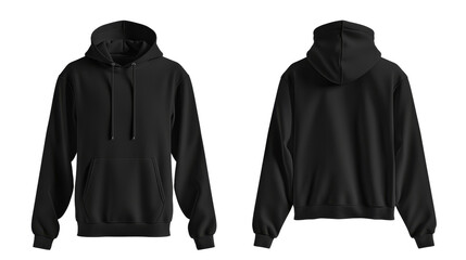 Black hoodie blank mockup template front and back view, transparent background.