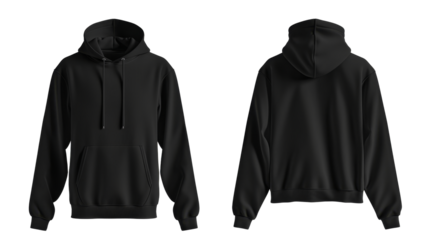 Black hoodie blank mockup template front and back view, transparent background.