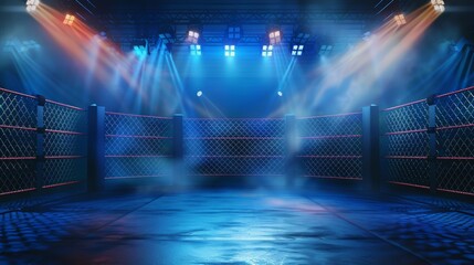 A dynamic ring arena designed for boxing fights and MMA championship competitions, featuring a stage surrounded by a chainlink fence and illuminated by powerful spotlights