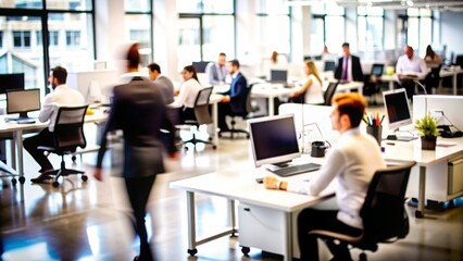 Office Workspace Blur - A collaborative workspace with employees and desks, blurred.
