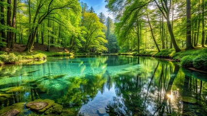 Fototapeta premium A tranquil forest glade with a crystal-clear pool reflecting lush greenery above, forest, glade, misty, hidden, crystal-clear