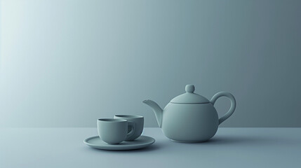 Tea Set on Light Grey Background A simple and minimalist tea set with a matte finish, placed on a light grey pastel background. The set includes a teapot and cups with a modern, understated design