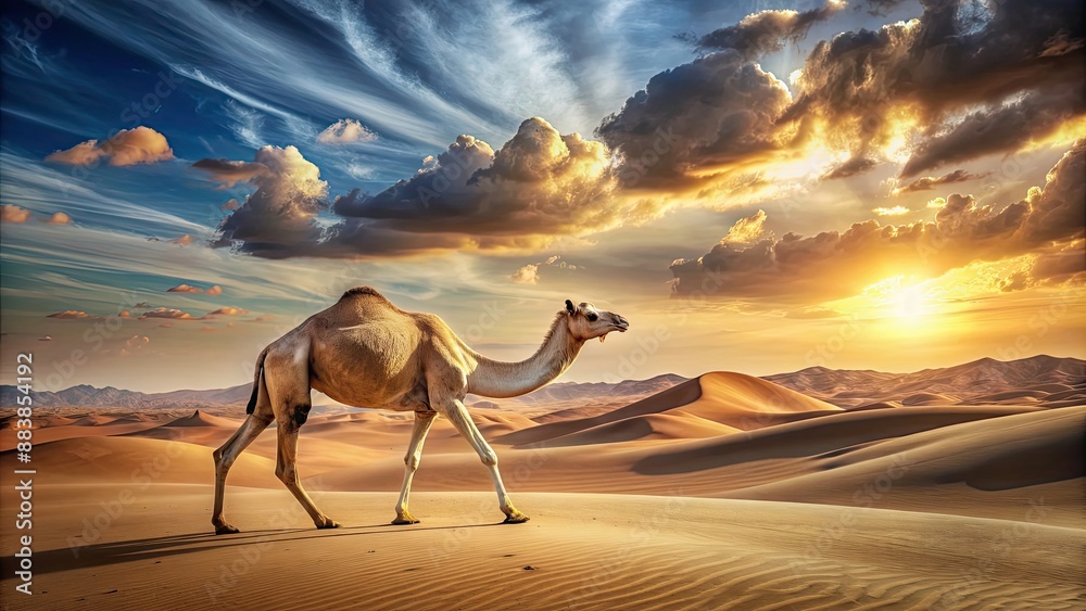 Poster A majestic camel walking through the vast desert landscape , camel, dune, desert, wildlife, animal, sand, wilderness, exotic