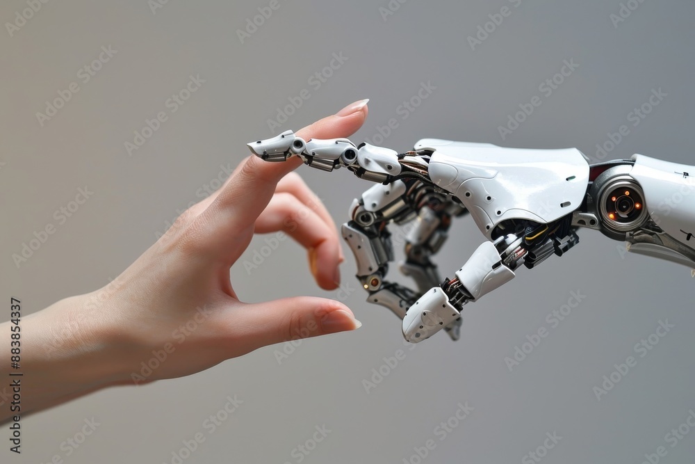 Poster image of two mechanical hands extending towards each other, representing unity, interaction of human