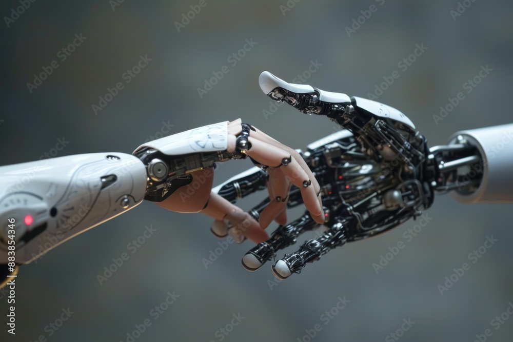 Poster image of two mechanical hands extending towards each other, representing unity, interaction of human