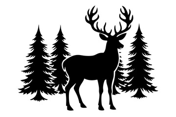 

Silhouette of a deer with pine trees and forest scenery on white background, Deer silhouette, vector illustration 
