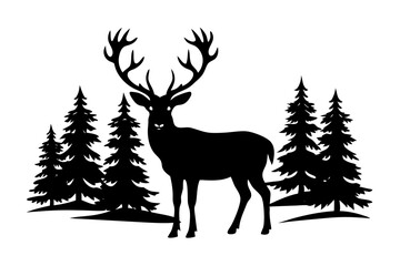 Obraz premiumSilhouette of a deer with pine trees and forest scenery on white background, Deer silhouette, vector illustration 