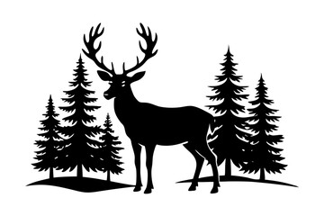

Silhouette of a deer with pine trees and forest scenery on white background, Deer silhouette, vector illustration 
