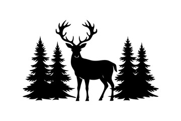 

Silhouette of a deer with pine trees and forest scenery on white background, Deer silhouette, vector illustration 
