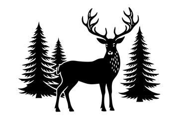 

Silhouette of a deer with pine trees and forest scenery on white background, Deer silhouette, vector illustration 
