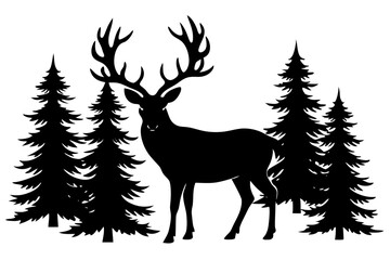 

Silhouette of a deer with pine trees and forest scenery on white background, Deer silhouette, vector illustration 
