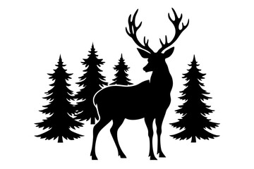 

Silhouette of a deer with pine trees and forest scenery on white background, Deer silhouette, vector illustration 

