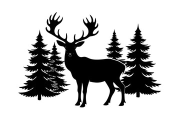 

Silhouette of a deer with pine trees and forest scenery on white background, Deer silhouette, vector illustration 
