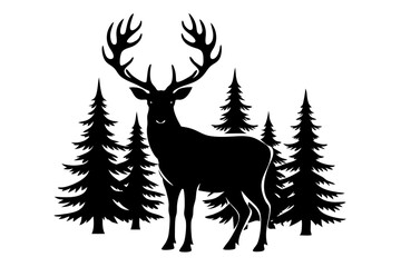

Silhouette of a deer with pine trees and forest scenery on white background, Deer silhouette, vector illustration 
