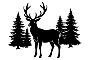 

Silhouette of a deer with pine trees and forest scenery on white background, Deer silhouette, vector illustration 
