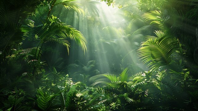 Fototapeta A lush dense jungle with sunlight filtering through the green leaves