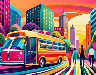 1960s Retro Transportation: Minimalist Pop Art Illustration of Divers Commuters and Bus Rides