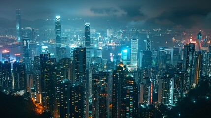 Obraz premium A cityscape at night, with skyscrapers illuminated against a dark sky