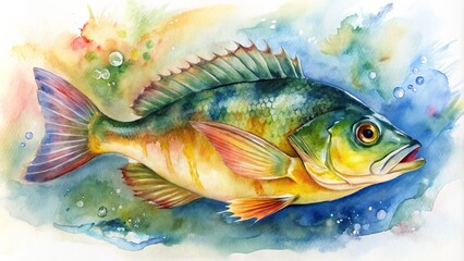 Bright watercolor depiction of a peacock bass.