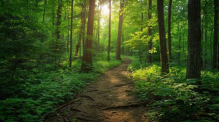 A lush green forest with sunlight filtering through the canopy onto a hiking trail