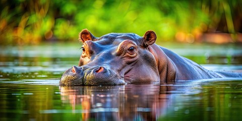 Fototapeta premium A hippopotamus relaxing in water , wildlife, African, safari, animal, aquatic, submerged, serene, peaceful, nature, large, mammal