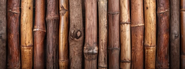 Obraz premium A tight shot of a bamboo wall, adorned with an array of bamboo canes projecting from its sides