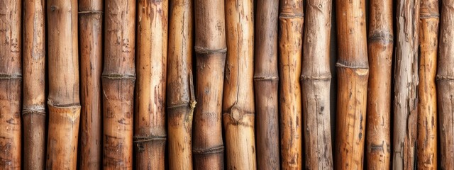 Fototapeta premium A tight shot of a bamboo wall constructed from assorted-sized wood halves