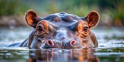 Fototapeta premium A hippopotamus submerged in water with just its eyes and ears peeking out, hippo, wildlife, aquatic, safari, submerged, water