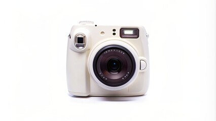 Instant camera with frontview perspective on white background, photography, vintage, retro, technology, instant, camera