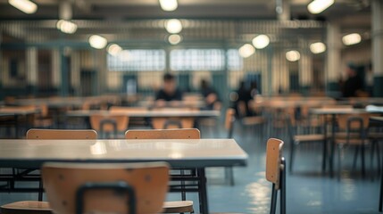 A prison dining hall with rows of tables and chairs with blurred inmates eating and talking in the background.