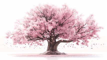 Obraz premium A towering sakura tree in full bloom, with delicate pink cherry blossoms covering its branches, isolated on a white background. Anime foliage, anime background