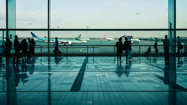 Busy airport Terminal: Silhouette of happy people wait for departure at airport lounge room time lapse. Adventure concept. Person walk near Window. Arriving Airplanes timelapse. Flight Boarding.