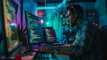 Programmer deeply focused, coding on a desktop at an office. They're working on programming or designing a website.
