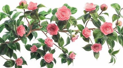 An camellia bush with pink flowers and lush green leaves, isolated on a white background. Anime foliage, anime background