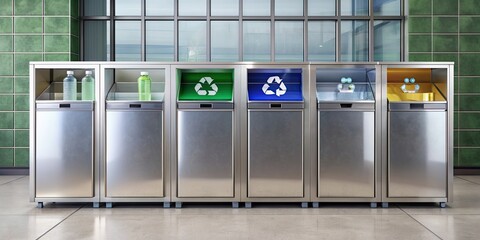 Modern recycling station with glass, plastic, paper, and metal bins , recycling, station, glass, plastic, paper