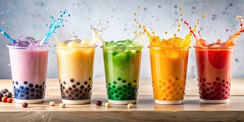 Colorful bubble tea with tapioca pearls and splashes, bubble tea, tapioca pearls, trendy, colorful, drink, beverage, refreshment, boba