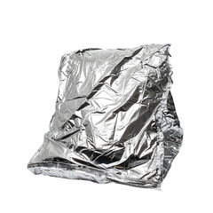 Naklejka premium Crumpled silver metallic foil sheet, isolated on white background, reflecting light. Perfect for textures, backgrounds, or material design.