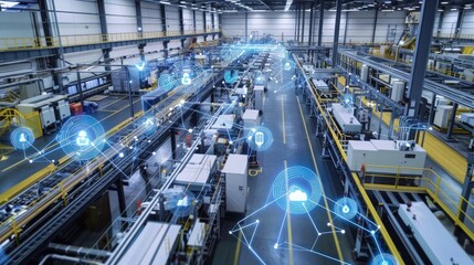 Obraz premium A smart factory with IoT sensors monitoring production lines