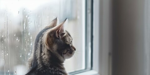 Lonely cat gazes out window seeking comfort in dreary weather. Concept Cat, Loneliness, Window, Weather, Comfort